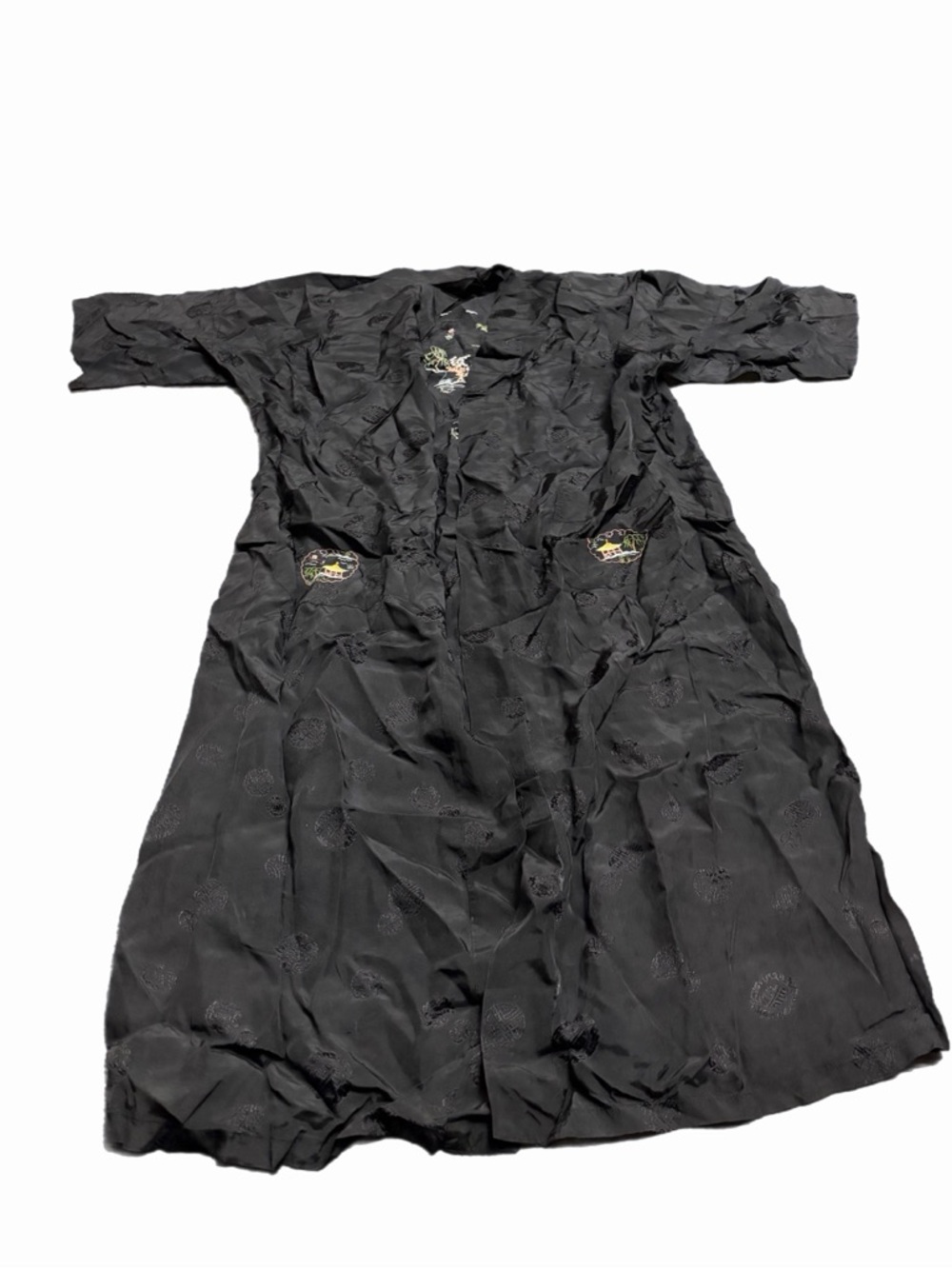 90s Euro Chinese Vintage Kimono Robe Embroidered Rice Field Scene (Black) L